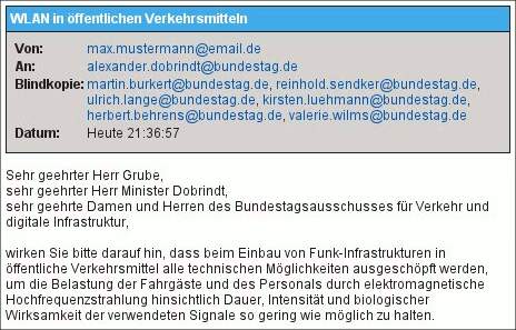 Muster einer E-Mail an Bundesverkehrsminister und Bundestagsabgeordnete