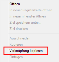 Eintrag "Verknüpfung kopieren" im Kontextmenü des Internet Explorers